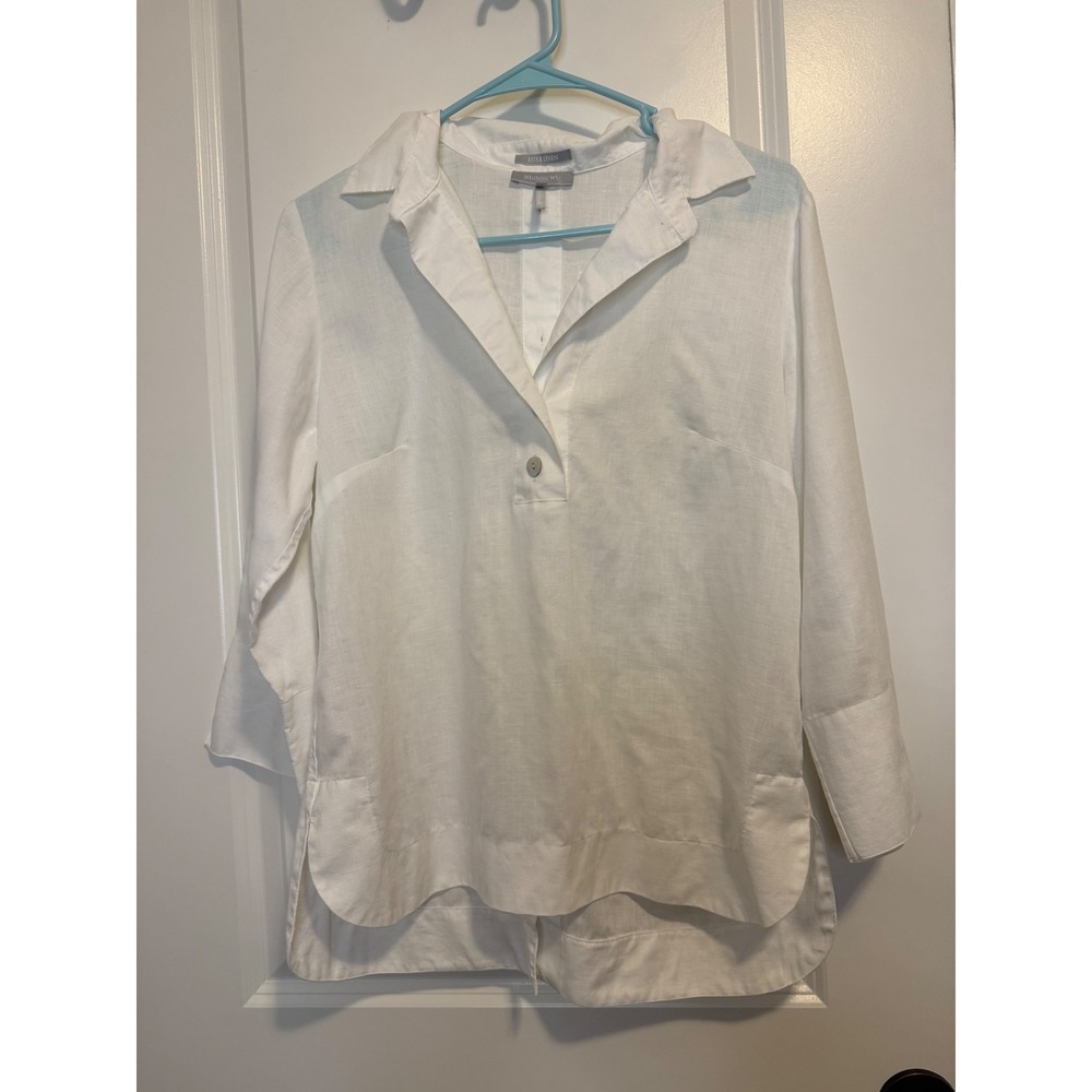 Hinson Wu Luxe Linen Tunic Women Size 4 White Excellent Button Back Blouse